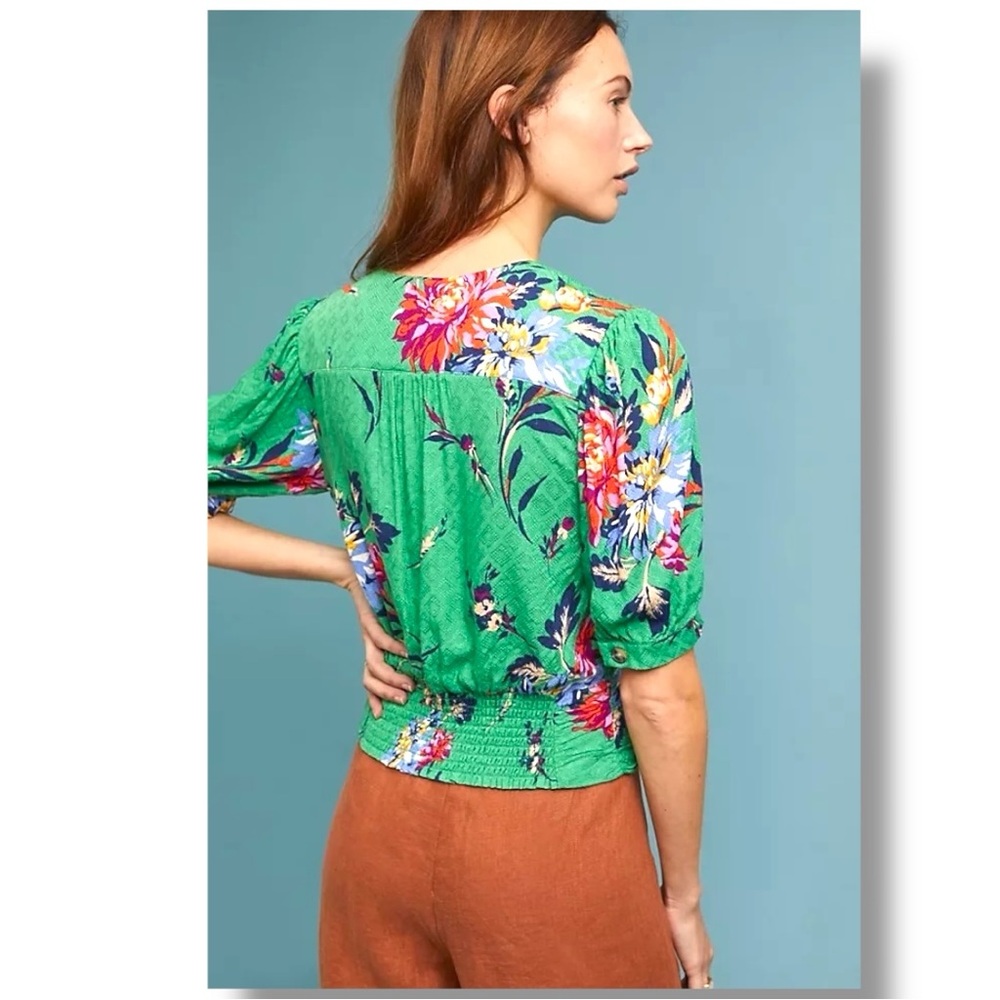 Anthropologie Green Floral V-Neck Puff Sleeve Top - Picture 4 of 13